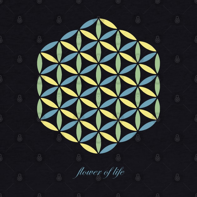 Green, Blue and Yellow Flower of life Symbol by kallyfactory